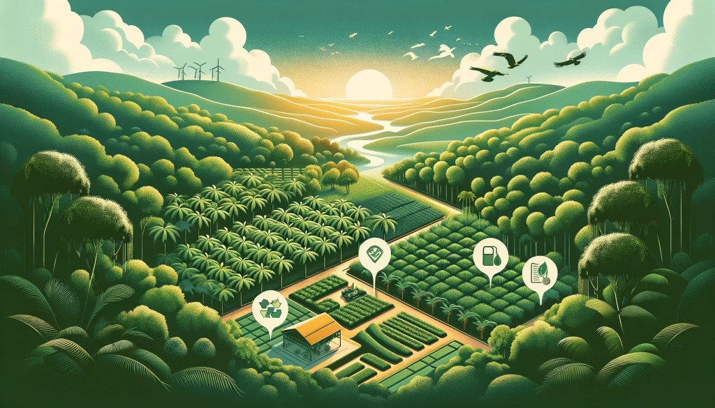 A graphic showing a green environment with a palm oil production plant surrounded by palm trees
