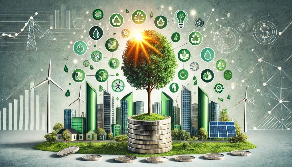 A stylised graphic with a tree growing out of a pile of coins