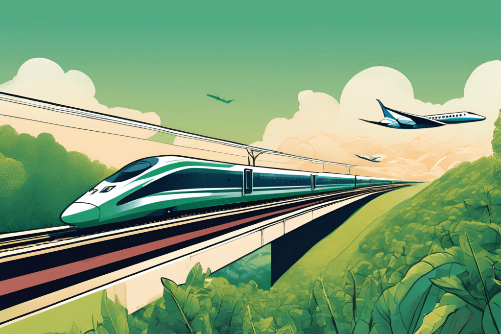 A stylised grpahic showing a high speed train with a an airplane flying over the top